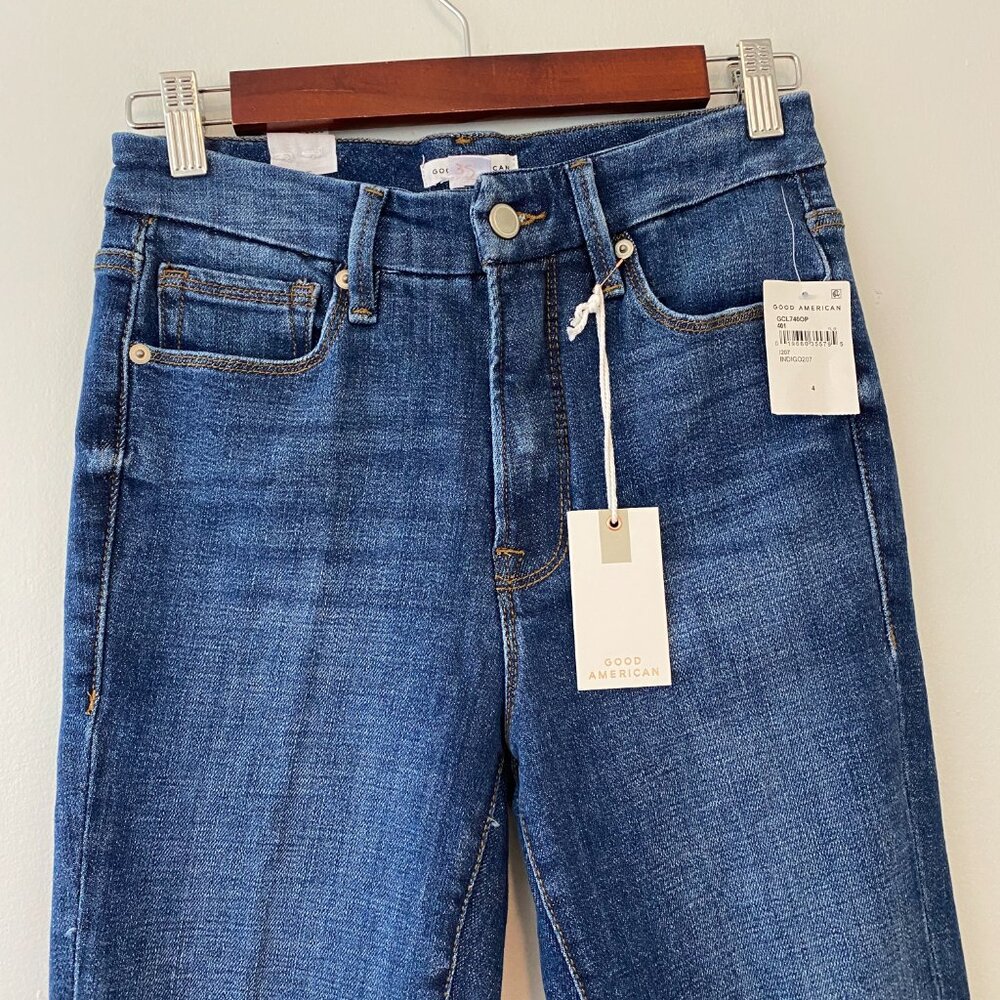 Good American Good Classic Straight Distressed Jeans Size 4/ 27 Dark Wash - Picture 2 of 8